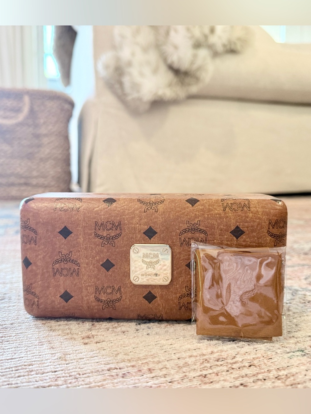 NWT Authentic MCM Cognac Brown Logo Hard Shell Sunglass Case with Gold Plate
